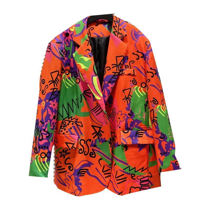 DEAT Autumn New Arrivals Long Sleeve Nothced Collar Orange Letters Graffiti Slim Blazer Women Coat Streetwear MK330 201201