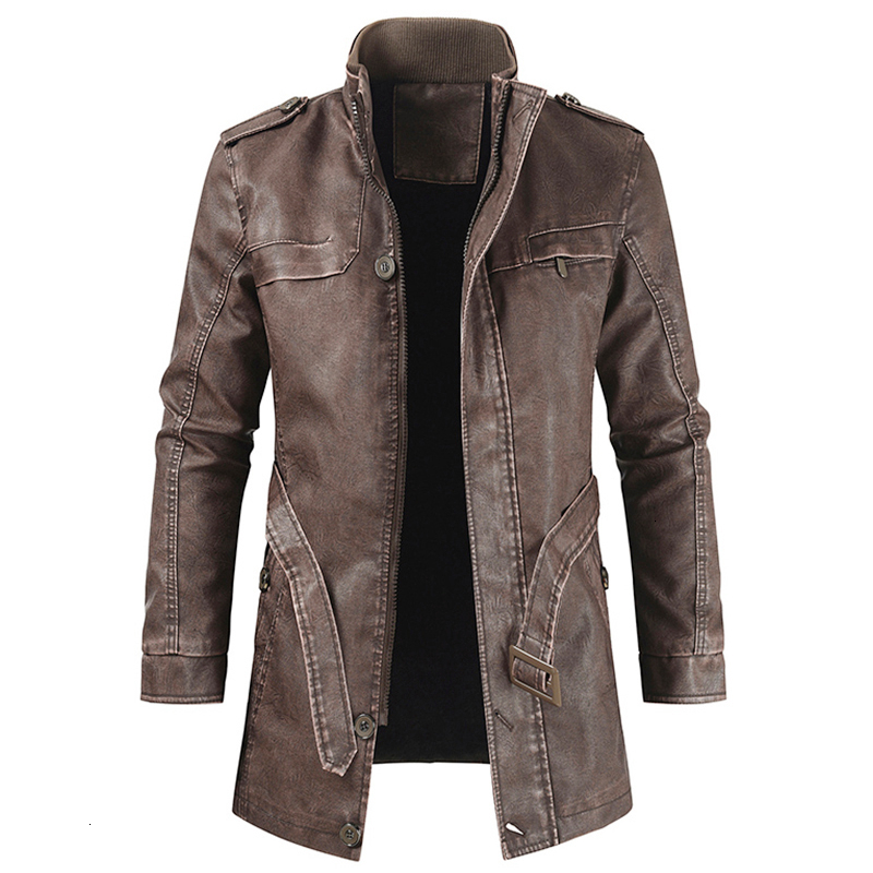 Oumor Men Winter Casual Long Thick Fleece Leather Jacket Parkas Men Outfit Warm Vintage Pockets Faux Leather Jacket Coat Men 201127