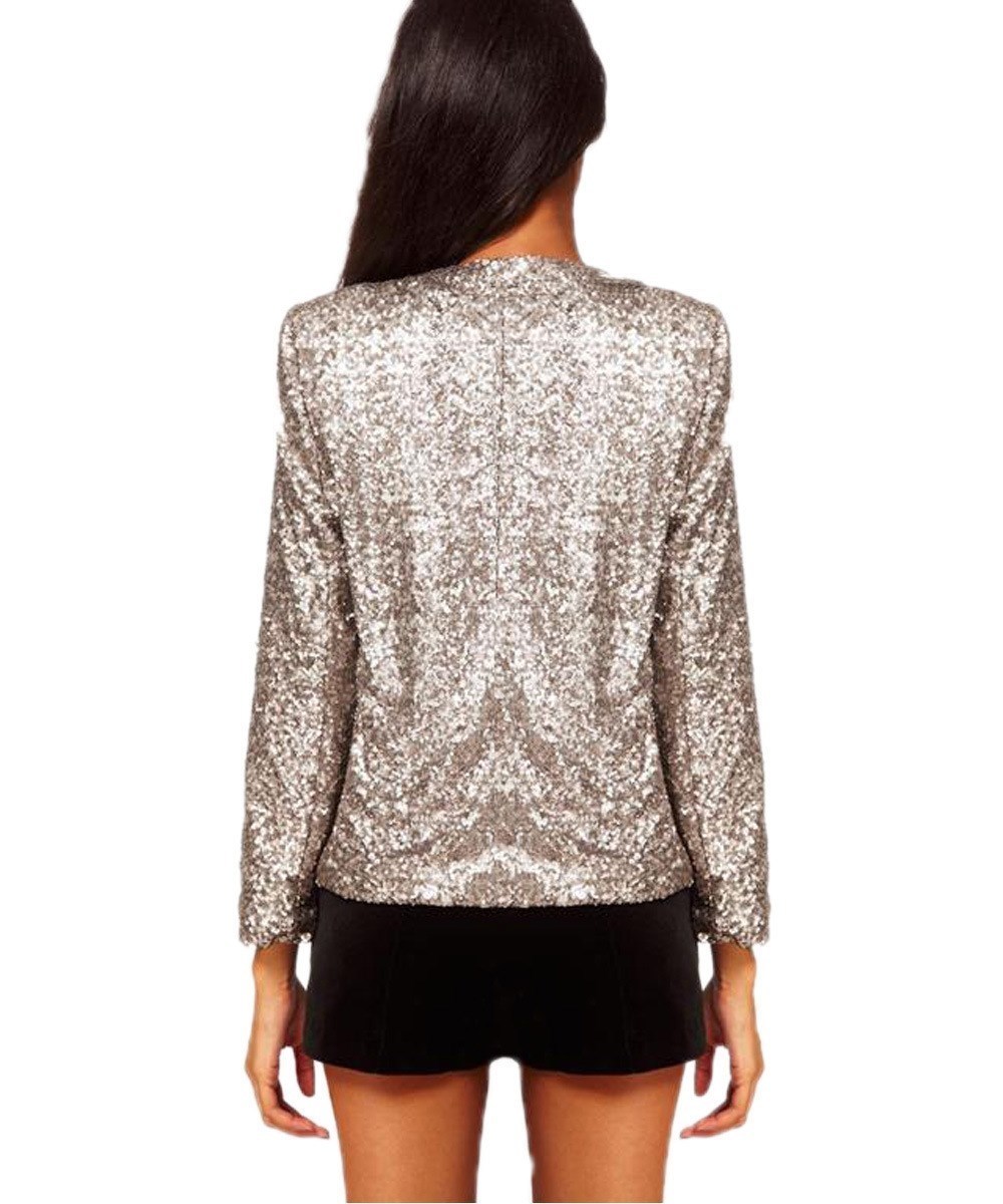 Spring Autumn Women Sequin Silver Shiny Jacket Casual Loose Long Sleeve Basic Coats Vintage O Neck Party Paillette Coats T200212