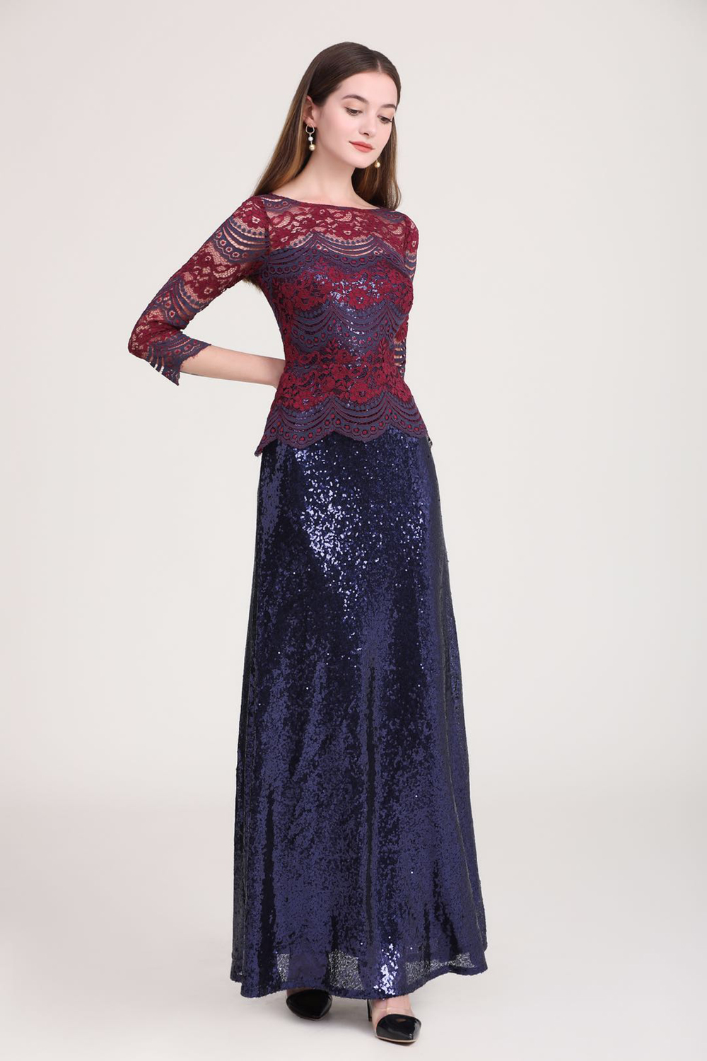 Women's Party Dress O Neck Embroidery Lace Long Sleeves Patchwork Sequined Elegant Maxi Runway Prom Dresses