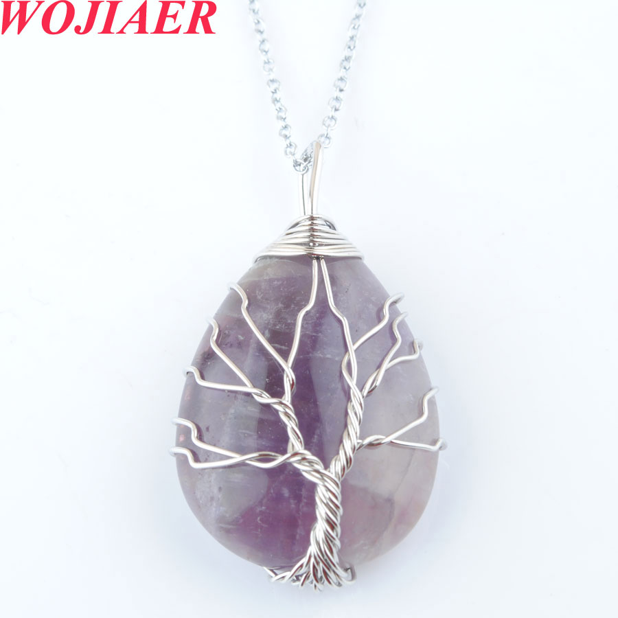 WOJIAER Mix Crystal Natural Stone Tree of Life Necklace Opal Green Howlite Onyx Water Drop Bead Twining Pendant 6PCS DBO912