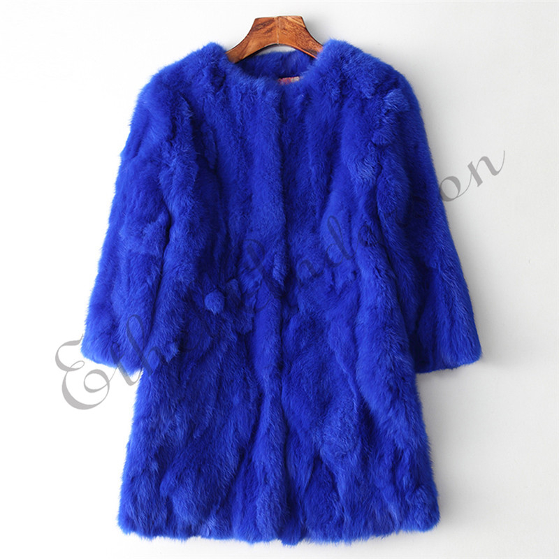 Ethel Anderson 100% Real Rabbit Fur Coat Women's O-Neck Long Rabbit Fur Jacket 3/4 Sleeves Vintage Style Leather Fur Outwear T200319