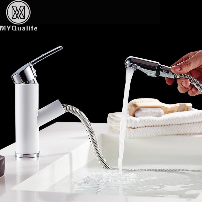 Luxury White Chrome Bathroom Faucet Deck Mounted Pull Out Brass Hot and Cold Kitchen Basin Vessel Sink Tap Single Lever One Hole
Luxury White Chrome Bathroom Faucet Deck Mounted Pull Out Brass Hot and Cold Kitchen Basin Vessel Sink Tap Single Lever One Hole