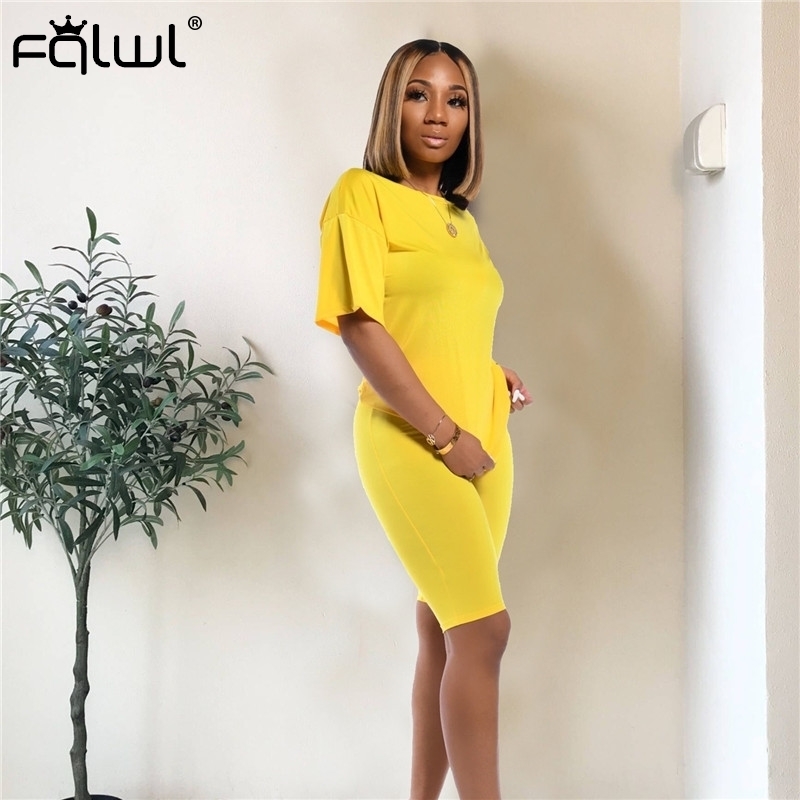 FQLWL Casual Two Piece Set Women Suit Matching Sets Pink Outfits Summer Clothes For Women Crop Top Biker Shorts Set Tracksuit T200603