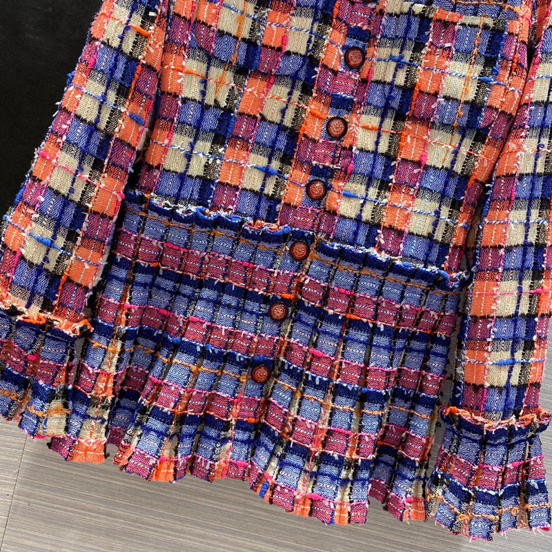 European and American women's clothing 2020 summer new style Long - sleeved standneck with rainbow plaid Fashionable tweed coat LJ201128