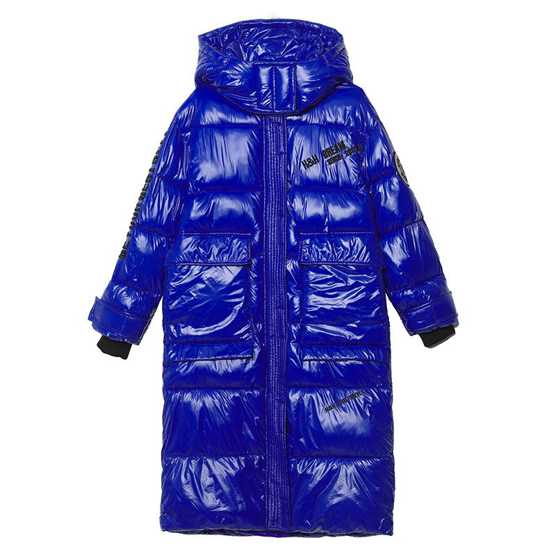 New Fashion Letter Epaulet Long Glossy Parka Coat Warm Thicken Winter Jacket Women Big Pocket Stand Collar Parka 201029