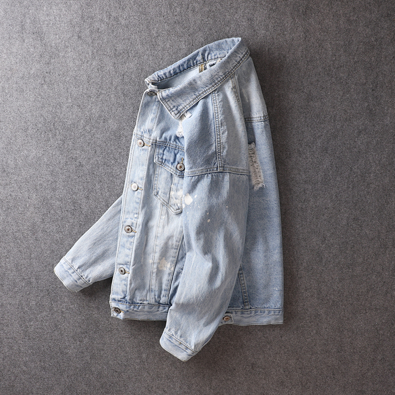 Korean Style Fashion Streetwear Men Jacket Retro Light Blue Ripped Coats Punk Denim Jackets Men Destroyed Hip Hop Jackets Hombre T200502