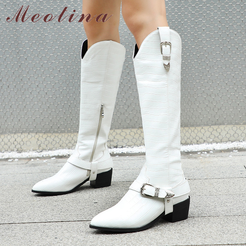Meotina Western Boots Women Shoes Pointed Toe Thick Heels Knee High Boots Buckle Zipper Long Autumn Winter White Golden 43, Black synthetic lin
Meotina Western Boots Women Shoes Pointed Toe Thick Heels Knee High Boots Buckle Zipper Long Autumn Winter White Golden 43, Black synthetic lin