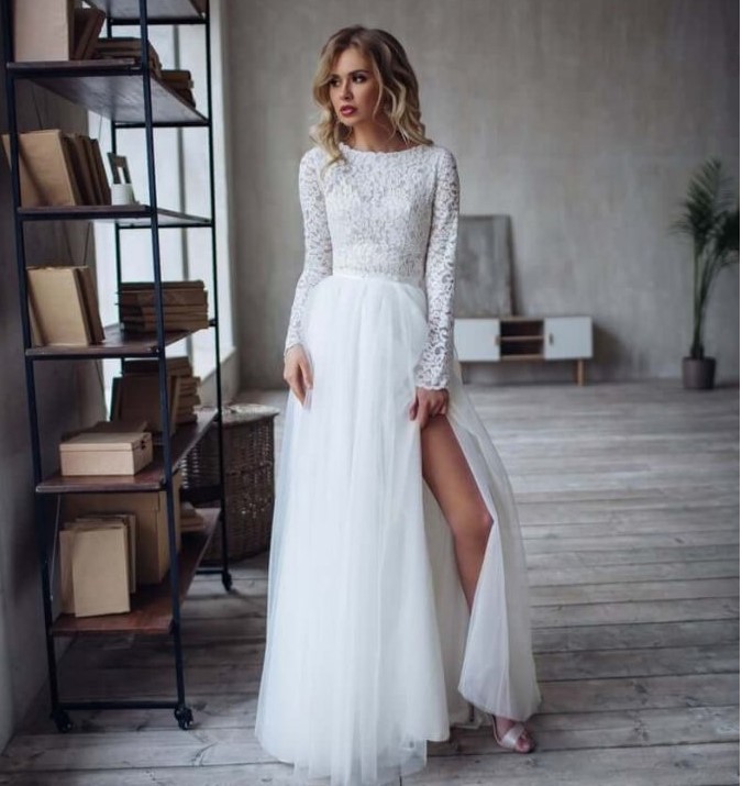 Sexy Ivory Country Boho Wedding Dresses Bridal Gowns A Line Illusion Tops Lace Long Sleeve Side Slits Beach Bride Dress Plus Size