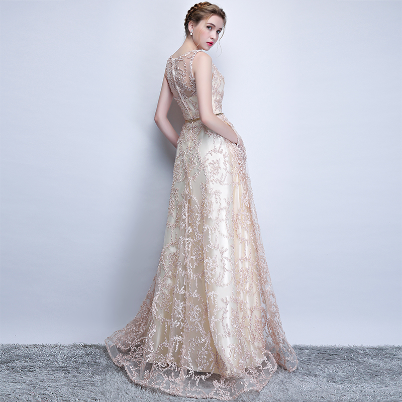 New Evening Dress Elegant Banquet Champagne Lace Sleeveless Floor-length Long Party Formal Gown plus size Robe De Soiree 201114