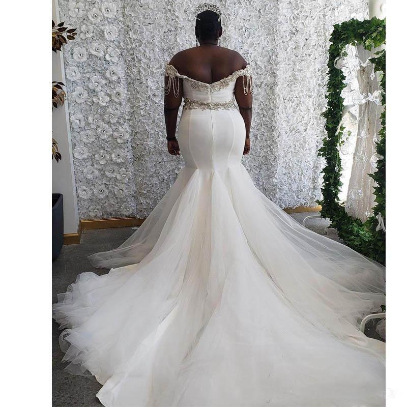 Size Attractive Plus Beaded Mermaid Wedding Dresses Off The Shoulder Neck Crystals Bridal Gowns Sweep Train Tulle Robe De Marie