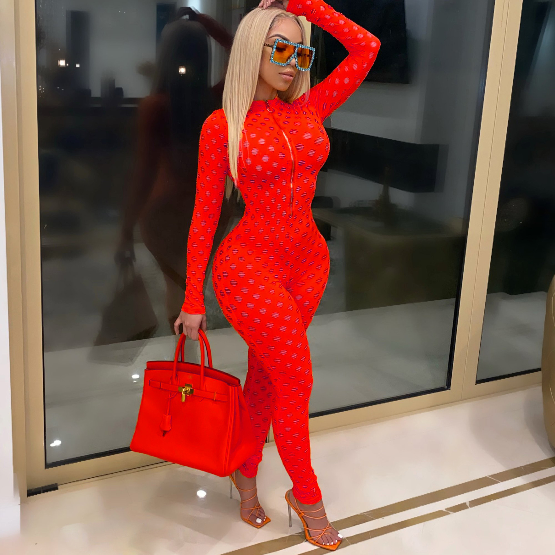 women onesies 20231 autumn and winter womens bodycon Jumpsuit fashion sexy hollow perspective slim fit Rompers black clothes