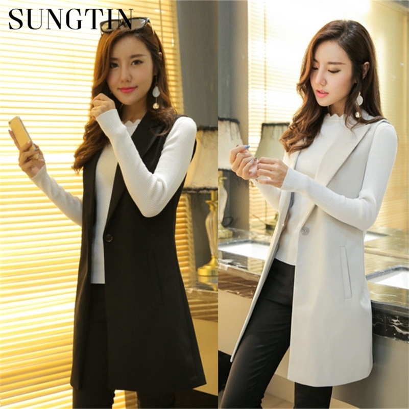 Sungtin Classic Women Long Blazer Vest Elegant Office Lady Coat Female Waistcoat Causal Suits Sleeveless Jacket Plus Size 201211