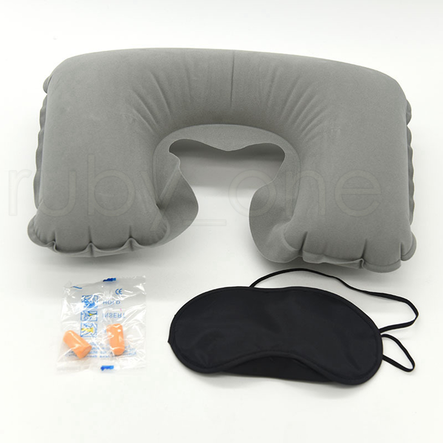 3 In 1 Outdoor Camping Car Airplane Travel Kit Inflatable Neck Pillow Cushion Support+Eye Shade Mask Blinder+Ear Plugs Tools
