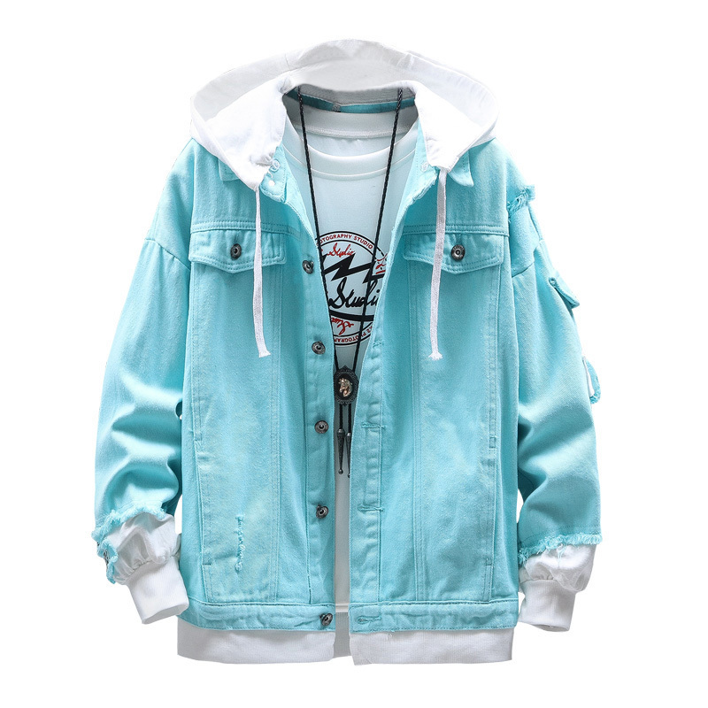 Pink Black Green Jeans Jacket Men Slim Streetwear Ripped Denim Jacket Hoodie Men Hip Hop Bomber Jacket Homme Autumn 201130