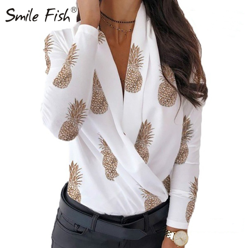 Overlap Letter Pineapple Printed White Blouse Women V-Neck Surplice Wrap Tops Stylish Shirts Elegant Lady Spring Blusas T200321