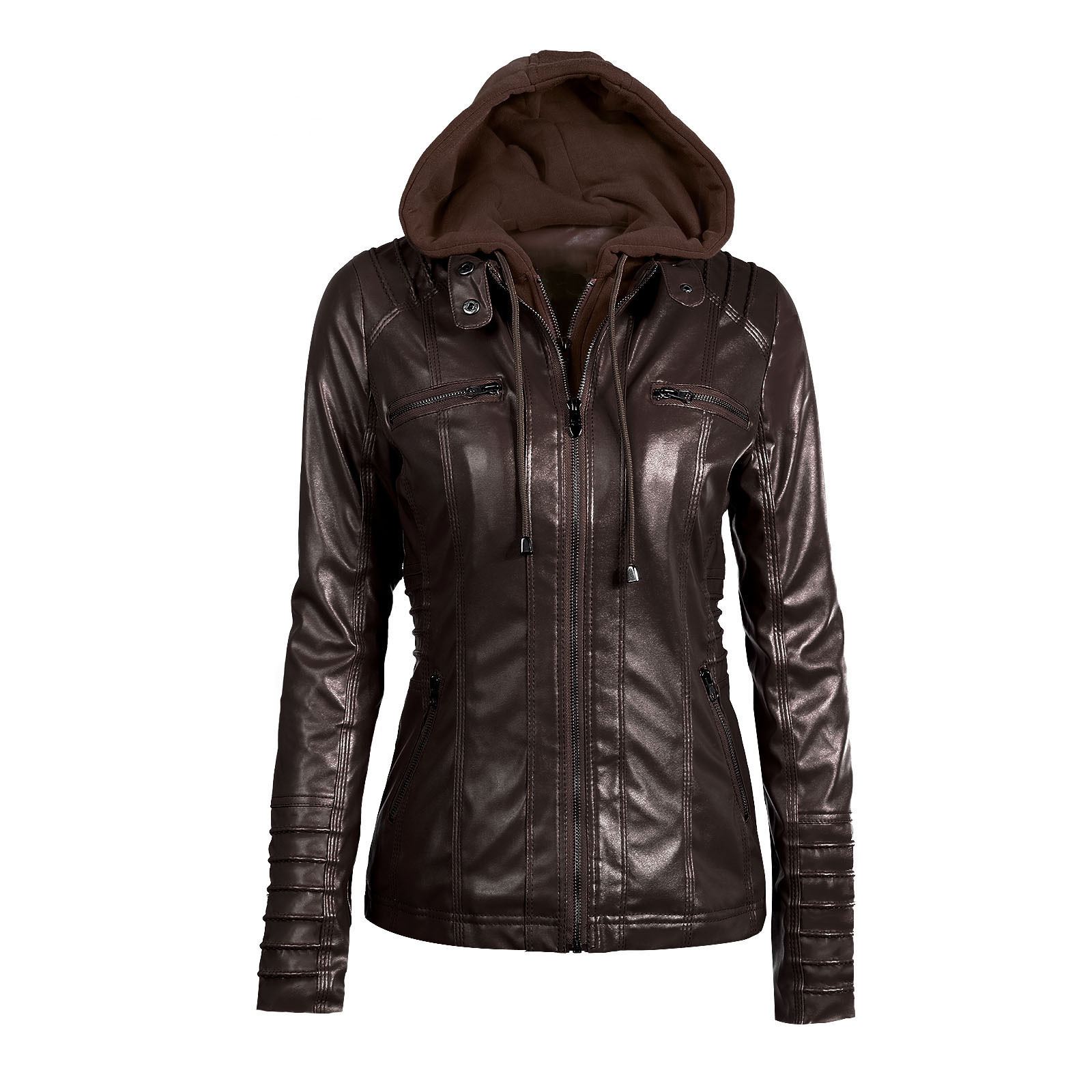 Fitaylor New Women Autumn Winter Hooded Faux Leather Jacket Slim Motorcycle Hat Detachable Plus Size 5xl Pu Leather Coat 201226