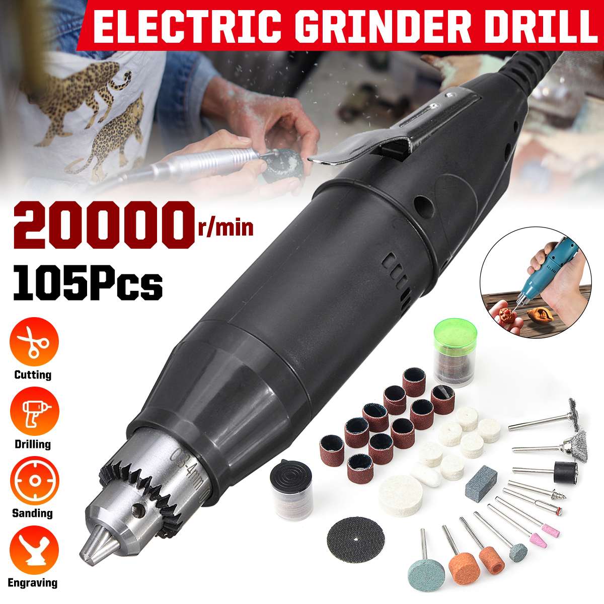 105 PCS Mini Handheld Electric Grinder Drill Set 20000RPM USB DIY Rotary Tools Engraving Carving Pen Polishing Machine
105 PCS Mini Handheld Electric Grinder Drill Set 20000RPM USB DIY Rotary Tools Engraving Carving Pen Polishing Machine