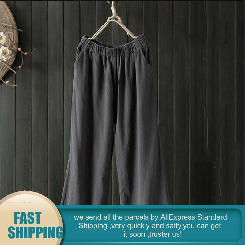 Plus Size White Cotton Pants Women Summer Elastic Waist Loose Casual Black Wide Leg Pants Women's Pocket Ankle Length Trousers 201113