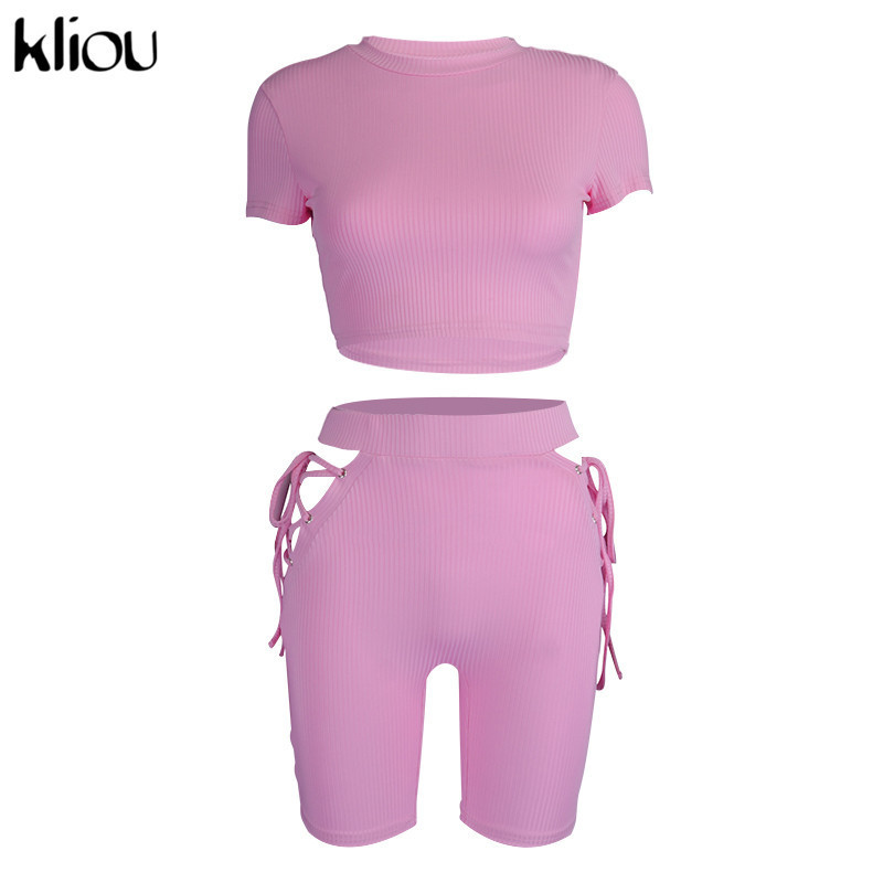 Kliou tracksuit women casual ribbed sporty solid matching set short sleeve+bandage hollow out biker shorts stretchy slim fitness 201104