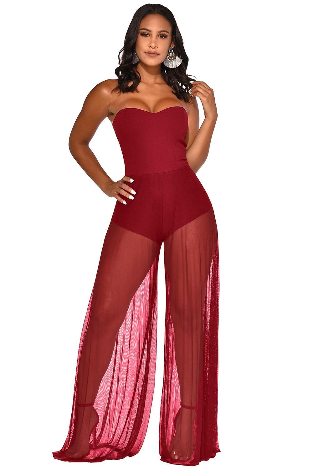 Sexy Off Shoulder Bodysuit with Sheer Mesh Pants Jumpsuit Women Elegant Strapless See Through Bodycon Club wear Rompers Overalls T200303