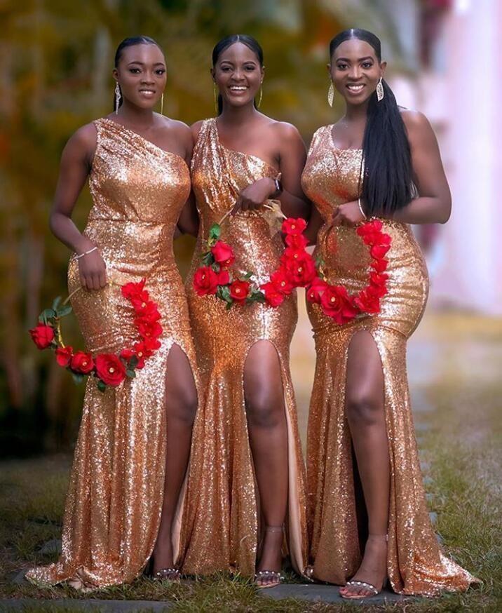 2020 New Bling Gold Sequins Bridesmaid Dresses For Weddings One Shoulder Mermaid Floor Length Split Plus Size Formal Maid of Honor Gowns