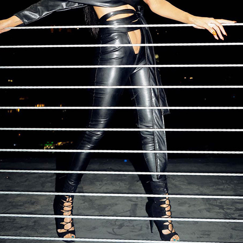 Dark Goth Black Woman PU Long Pants 2020 Lady Hollow Out Cool High Waist Tight Punk Trousers Lady Gothic Winter Autumn Hole Pant T200422