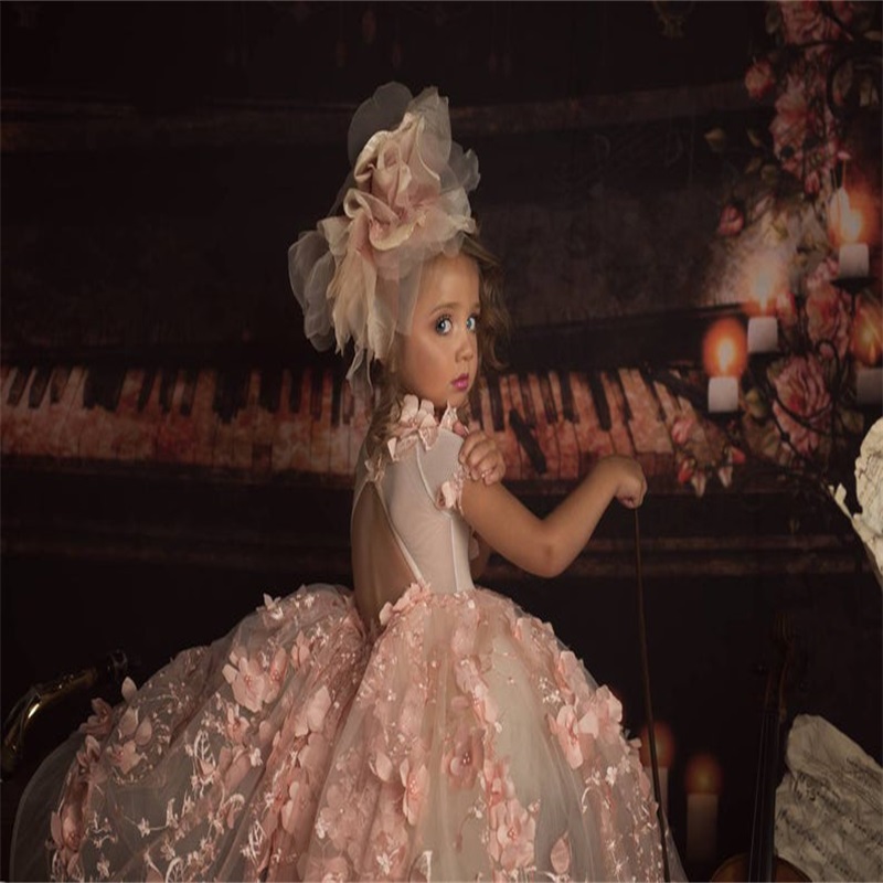 cute pink flower girls dresses hand made flower appliqued beaded childrens pageant dress stage stage catwalk dress custom made