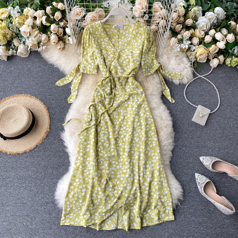 SINGRAIN New Summer Print Floral Dress Women V Neck Chiffon Bohemian Dresses Beach Irregular Female Wrap Midi Long Dress T200603