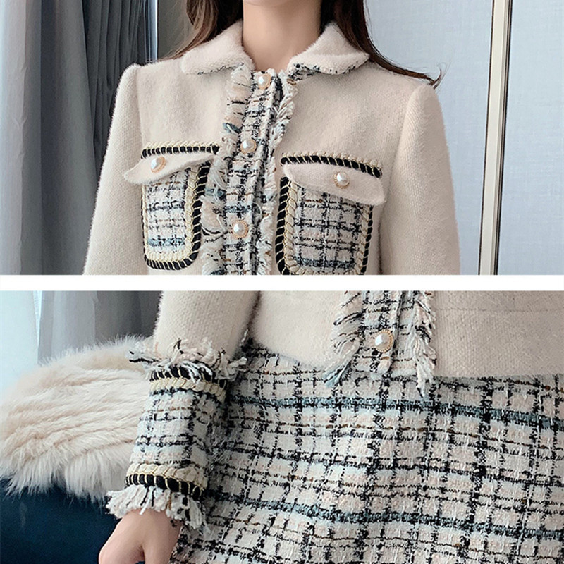 Winter Two-piece Faux Mink Cashmere Patchwork Tweed Set Woolen Tassels Trim Pearl Pocket Jacket Coat + Mini Plaid Skirt Set 201030