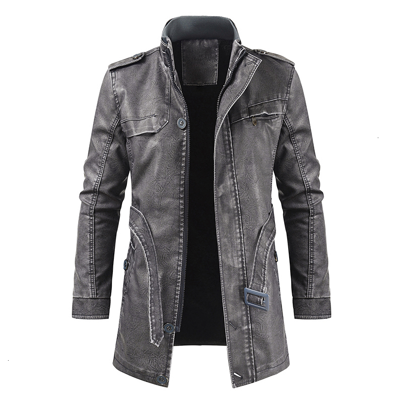 Oumor Men Winter Casual Long Thick Fleece Leather Jacket Parkas Men Outfit Warm Vintage Pockets Faux Leather Jacket Coat Men 201127