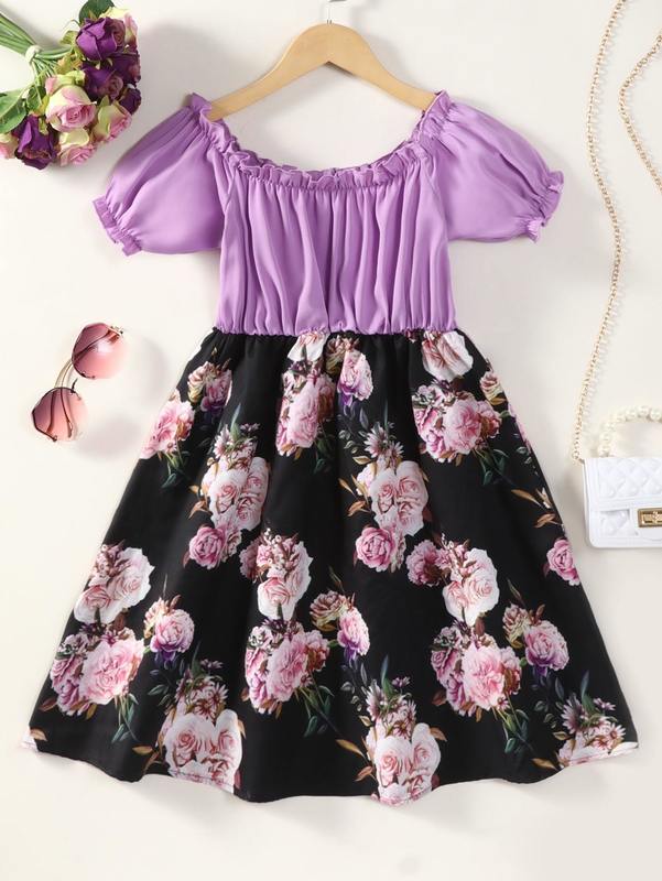 Girls Floral Print Puff Sleeve Frilled Dress SHE