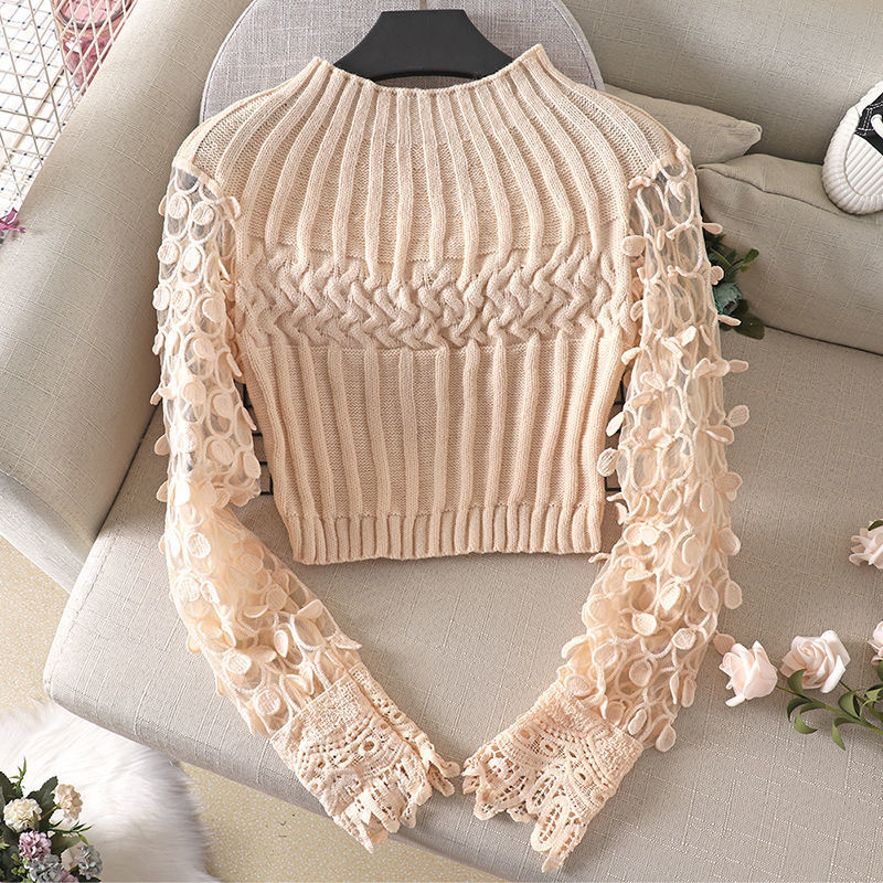 Three-dimensional Circle Bubble Sleeve Tight Skinny Short Sweater Sweater Stitching Round Neck Sweater Women Tide 201111