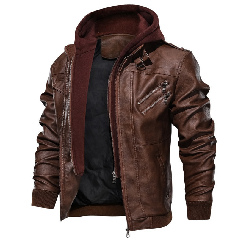 Men Faux Leather Jacket Motorcycle Jacket Men's Windbreaker Hooded PU Jackets Male Outwear Warm Biker Plus Velvet Retro Coats 201128