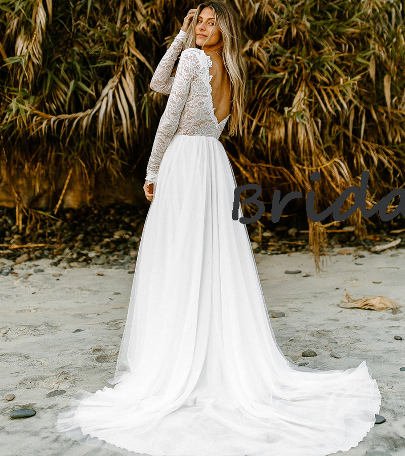 Simple White Beach Wedding Dress With Long Sleeve Top Lace A Line Tulle Bohemian Bride Dresses Sexy Low Backless Country Bridal Dress Women Vestido De