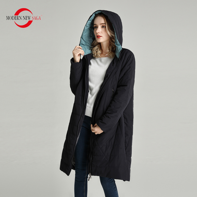 MODERN NEW SAGA Women Coat Spring Thin Padded Jacket Polyester Autumn Women Long Jacket Hooded Woman Parka Ladies Overcoat 201019