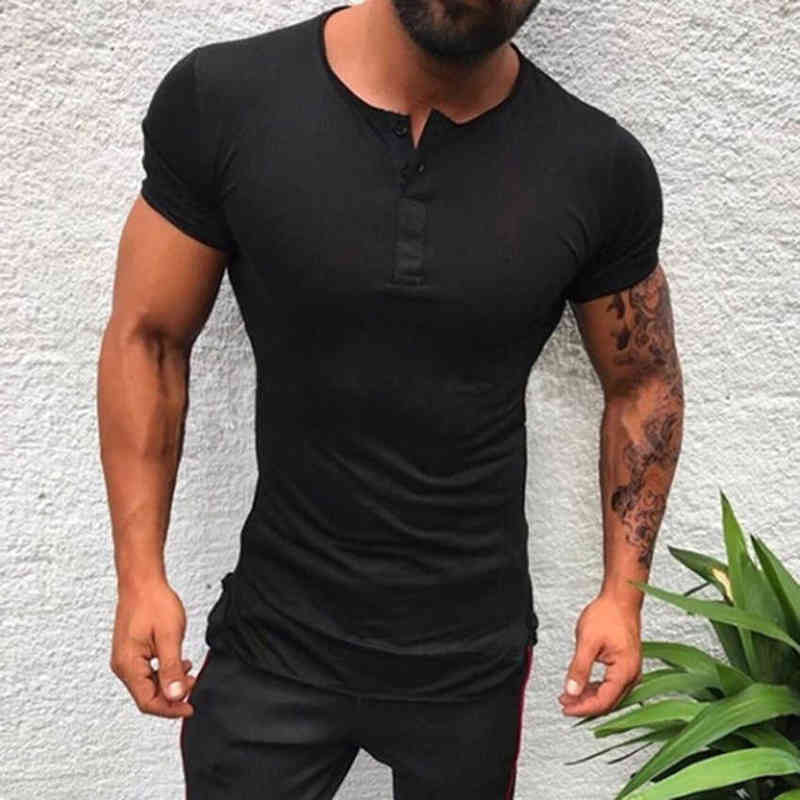 Men Henley Shirt new Tee Tops Short Sleeve Stylish Slim Fit T-shirt Button Collar Casual Men Outwears Clothing Man Y220214