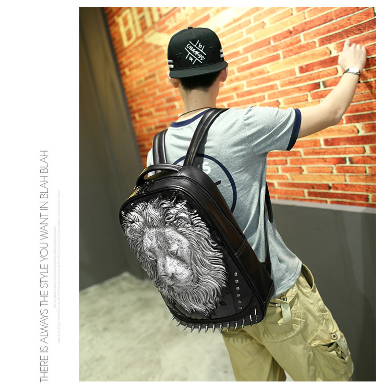 Fashion 3D Embossed Lion Backpack bags for Men rivet computer travel bag Laptop unique Bag personality whimsical Cool Women Schoolbag