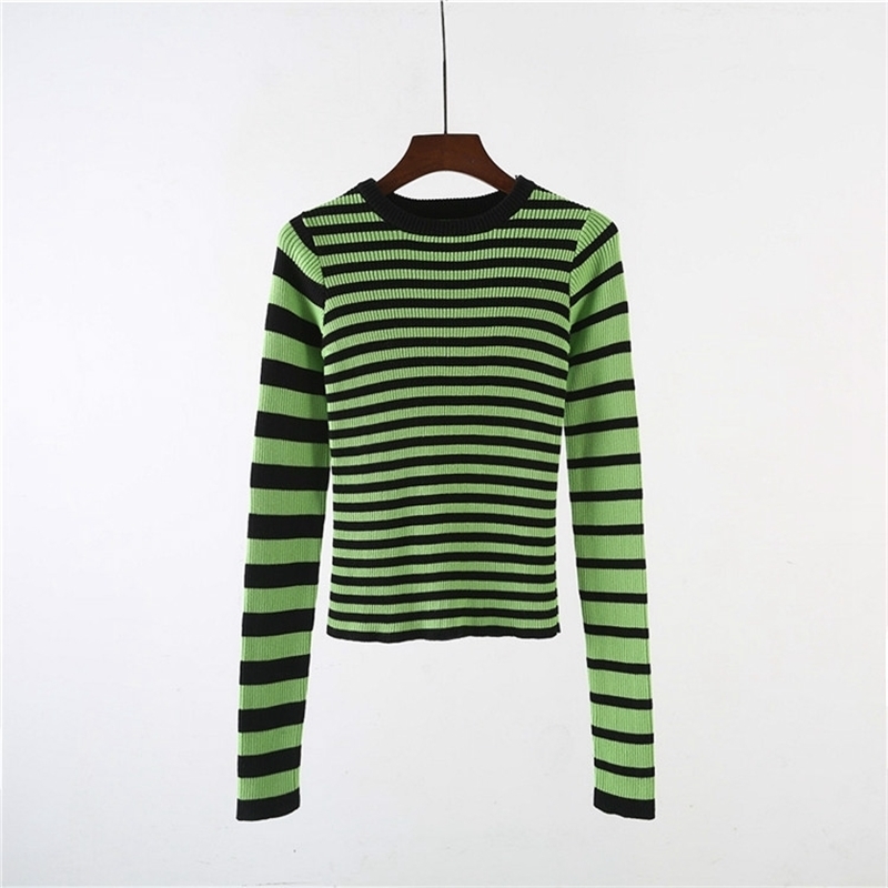 Harajuku Contrast Striped Sweater Black Green Color Block Ribbed Knit Slim Tops Sweater Women Pullovers 201017