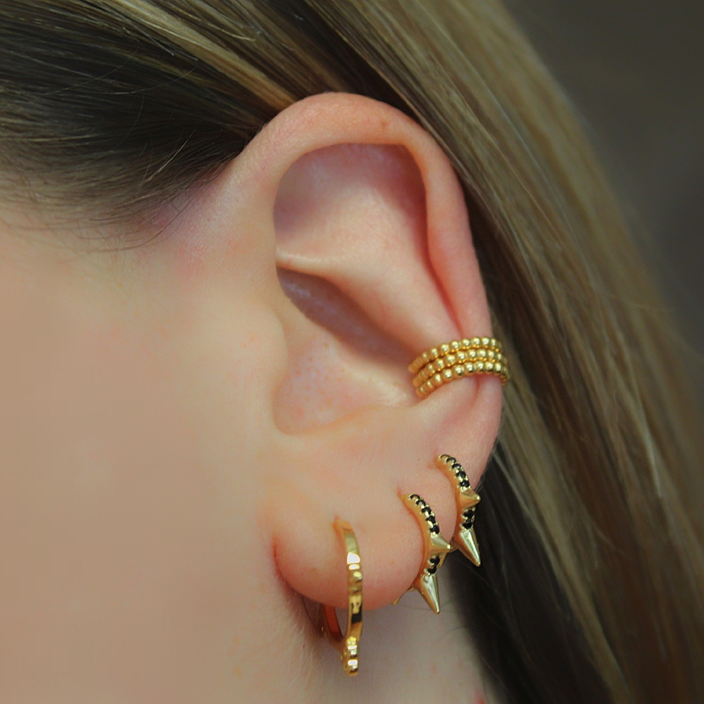 Gold plated 925 sterling silver mini hoop with three spikes paved black cz minimal small hoop earring for women