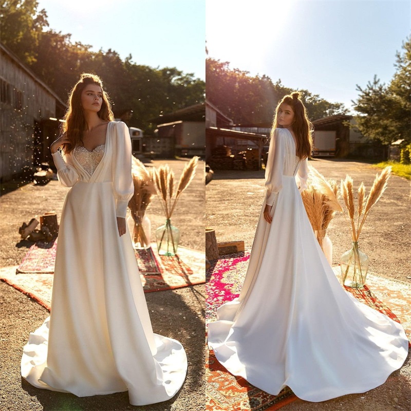 Modern Design Wedding Dresses Bling Sequins Beads Bridal Gowns Long Sleeves Sweep Train Boho Custom Made Soft Satin Vestido De Novia