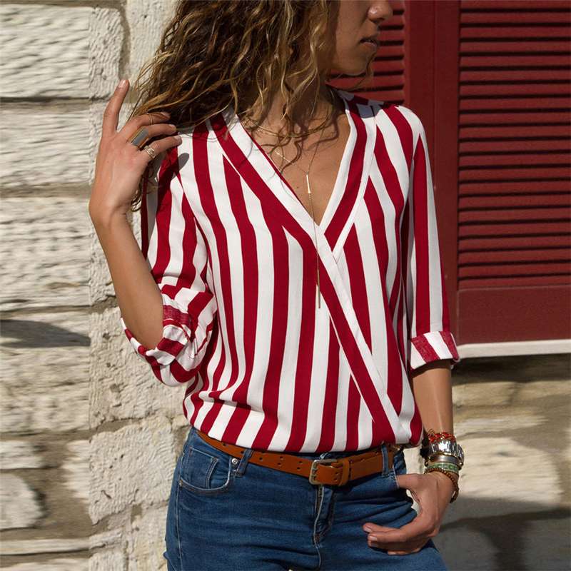 Aachoae Women Striped Blouse Shirt Long Sleeve V-neck Shirts Casual Tops Blouse et Chemisier Femme Blusas Mujer de Moda 201130