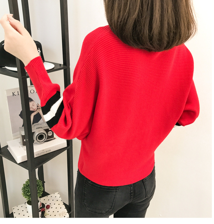 autumn vertical stripe contrast loose pullover sweater women short bat sleeve sweater 201221