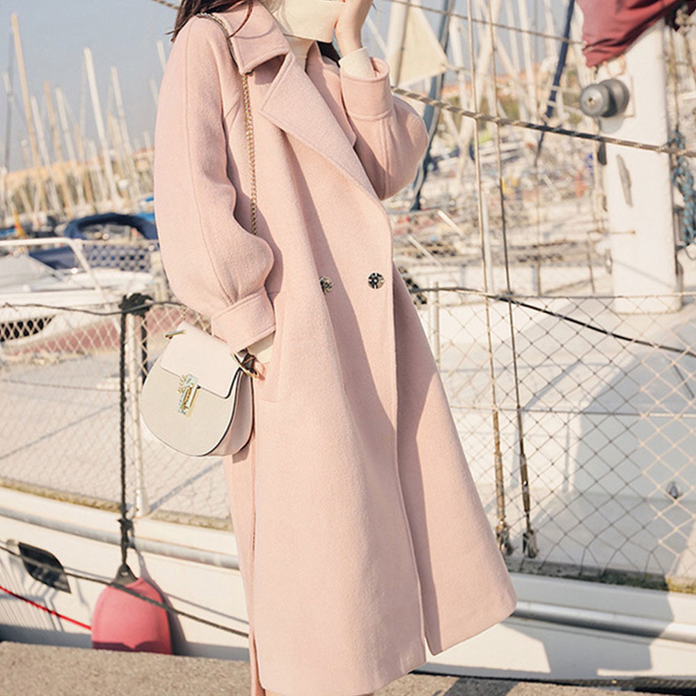 Wool Trench Coat Plus Velvet Female Fashion Pink Elegent Autumn Winter Women Casual Lantern Sleeve Long Slim High 201222