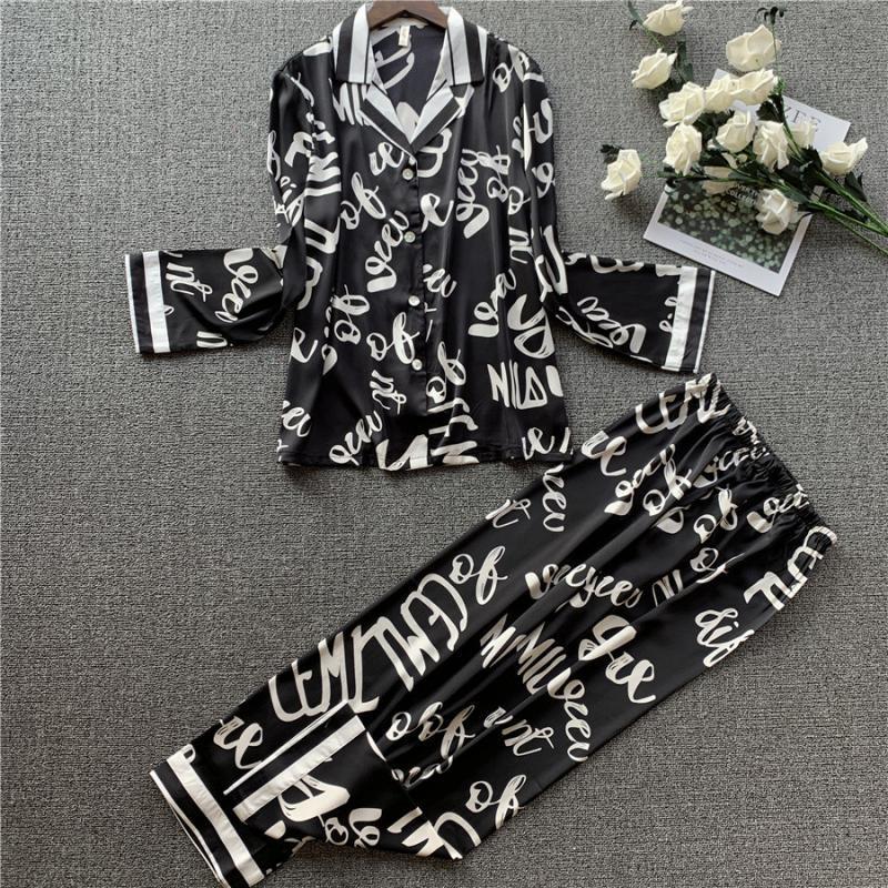 Women Satin Silk Pajamas Sets With Pants Flower Print Long Sleeve Sleepwear Lounge Sets Pijama Mujer Female Nightsuits Pyjamas 201027