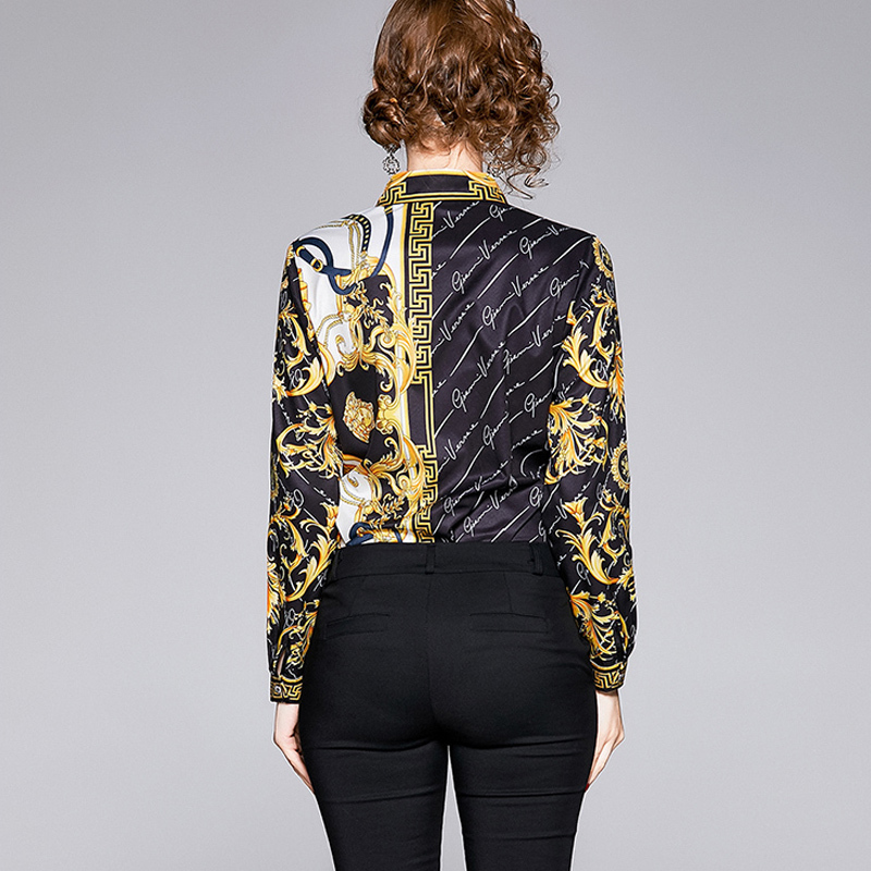 Women Blouses And Tops Summer Baroque Print Runway Long Sleeve Shirt Ladies Collar Elegant Vintage Office Shirts work wear 201126