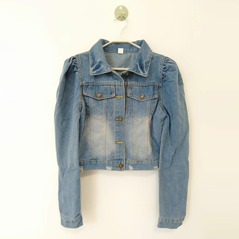 Spring Puff Sleeve Crop Denim Jackets Women Turn Down Collar Buttons Frayed Ripped Hole Jean Coat Pockets Bomber Jacket 201112