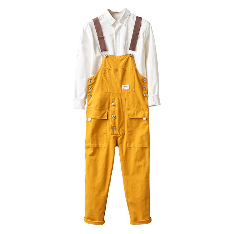 Men's Loose Multi Big Pockets Cargo Bib Overalls Casual Fancy Color Jumpsuits Coveralls Denim Pants Black Khaki