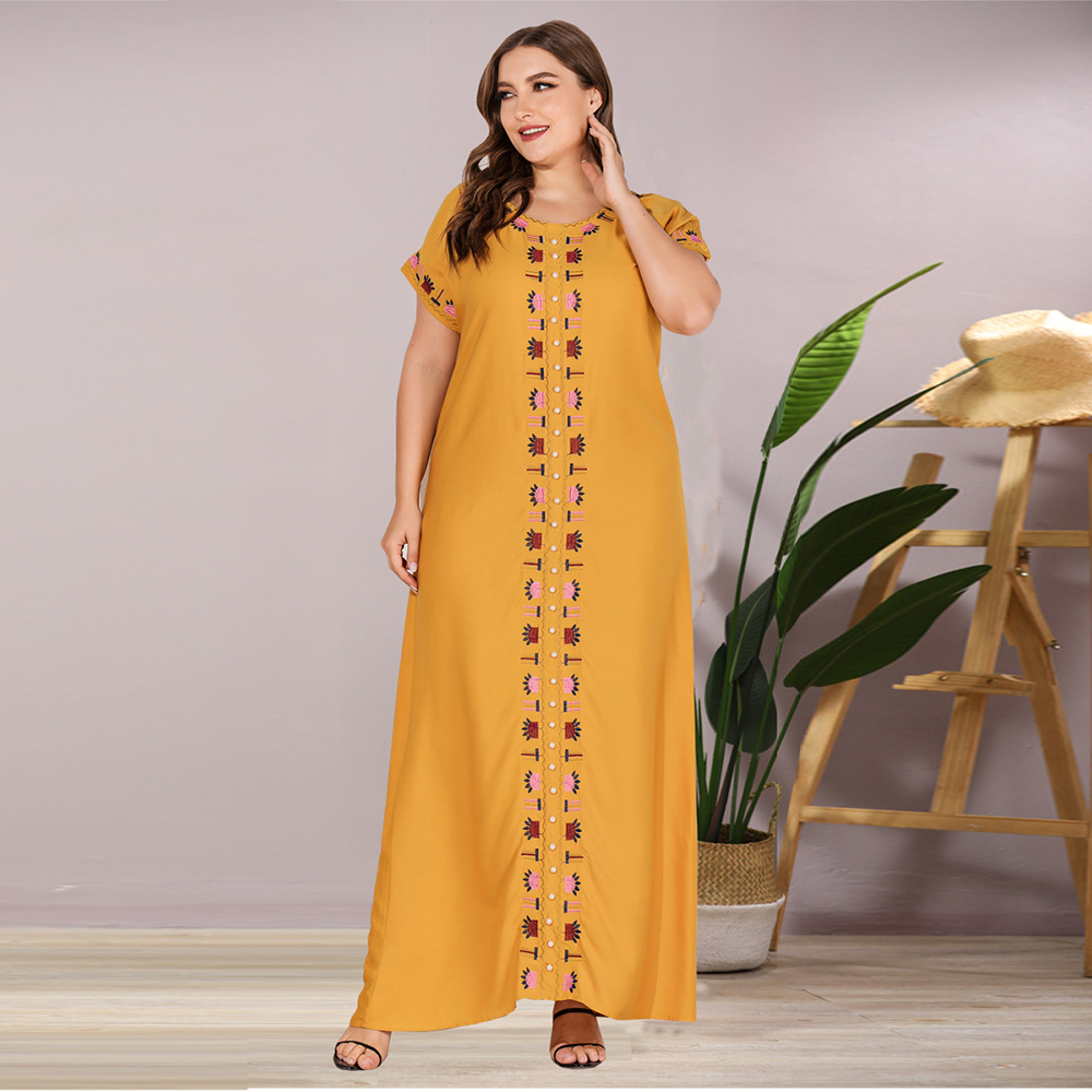 Siskakia Plus Size Women Maxi Long Dress Fashion Loose Casual Embroidered Beaded O Neck Short Sleeve Arabian Dresses Summer T200619