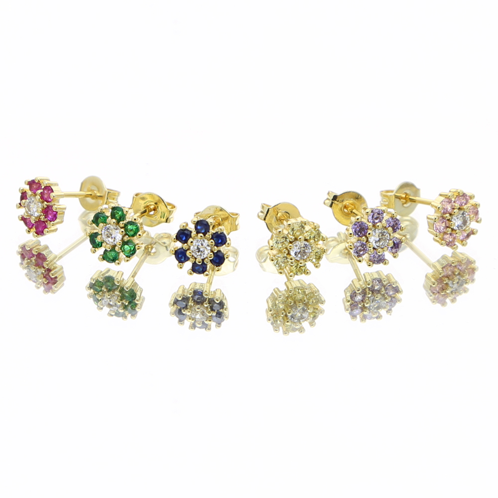 2021 Wholesale Rainbow Cz Pave Flower Shape Stud Earring with Green Purple Red Blue Pink Colorful Shiny Earring Jewelry for Girl Gift